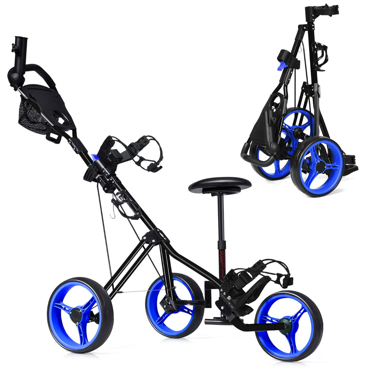 NNECW 3-Wheel Folding Golf Push Cart with Adjustable Handle &amp Padded Seat-Blue